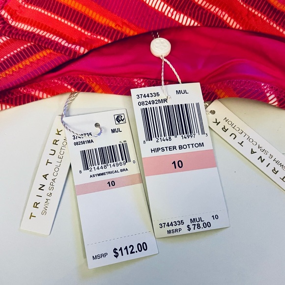 TRINA TURK Marai Ruffle Top & Hipster Bottom Bikini Set / Pink Stripe, Size 10 - Picture 9 of 13